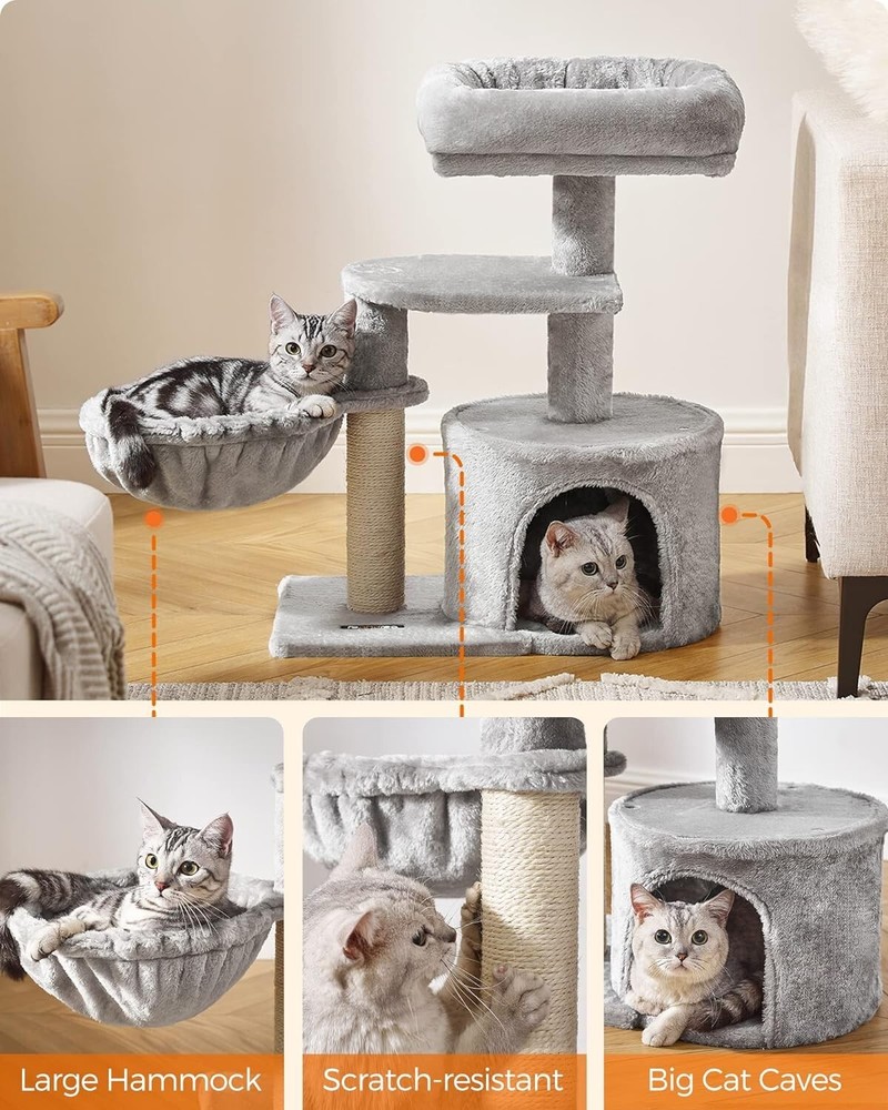 Small Cat Tree - Scratching Post - Basket - Cave - Light Gray - Compact Size