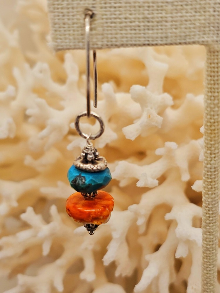 Orange Spiny Oyster & Crysocolla Sterling Artisan Earring