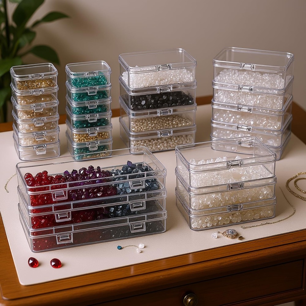 24 Mini Plastic Storage Boxes with Hinged Lids - Clear Containers, Mixed Sizes