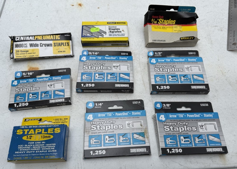 (Quantity 9 Boxes) Assorted Staples - Surebonder Various Sizes, Arrow, Stanley
