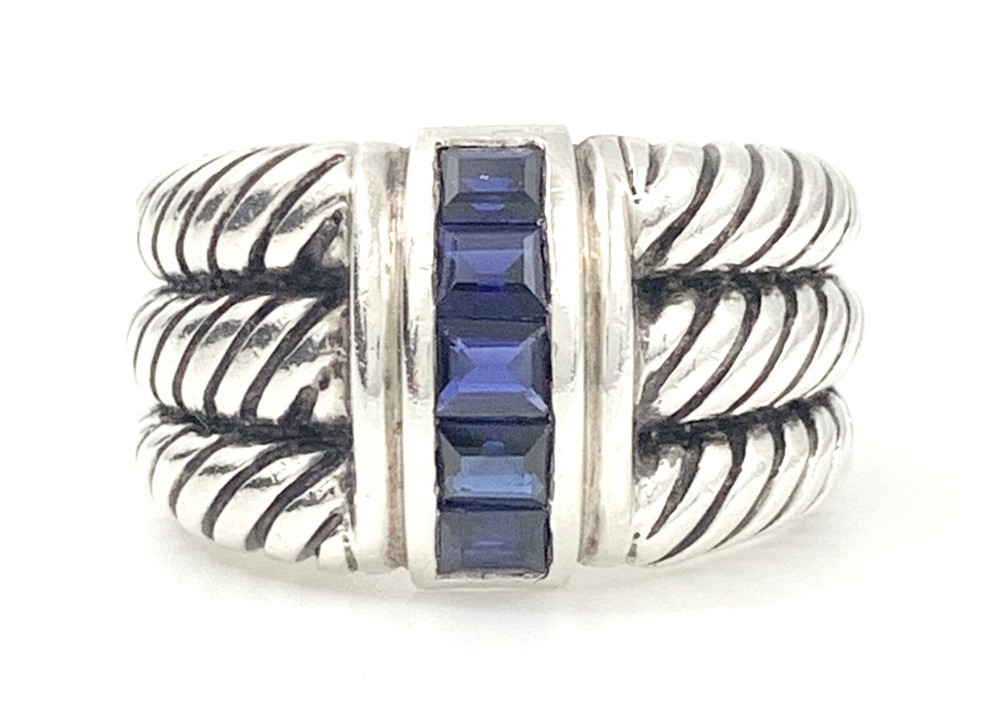 Mens Large Triple Stack Cable Sterling Silver Sapphire Ring Sz 12.5