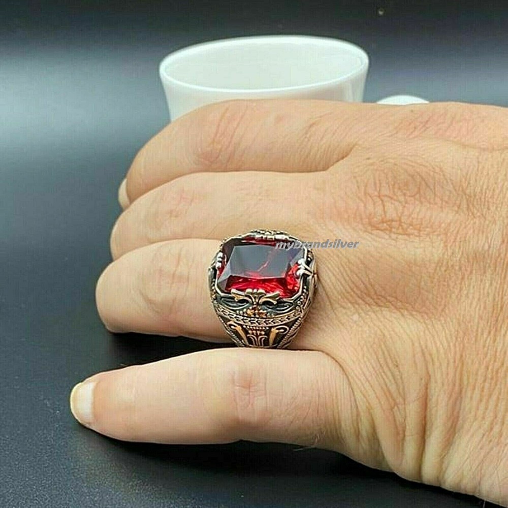 Solid Real Sterling Silver Garnet Stone Men's Ring All Size #TR168