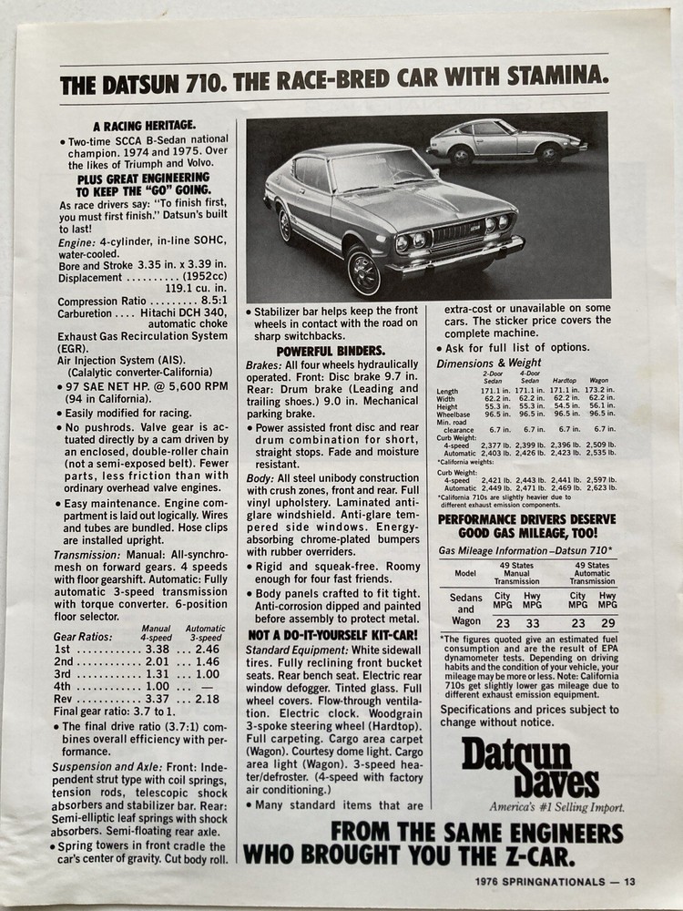 1976 Datsun 710 Print Ad Race Bred