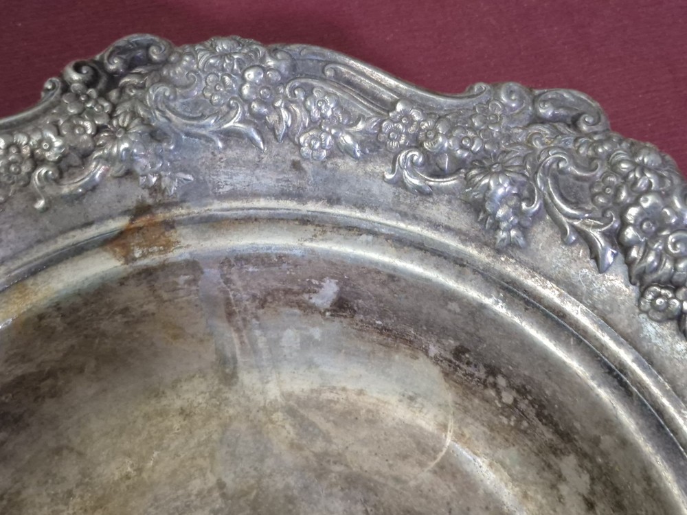 Silver Plate Decorative Serving Bowl With Floral Pattern Distressed