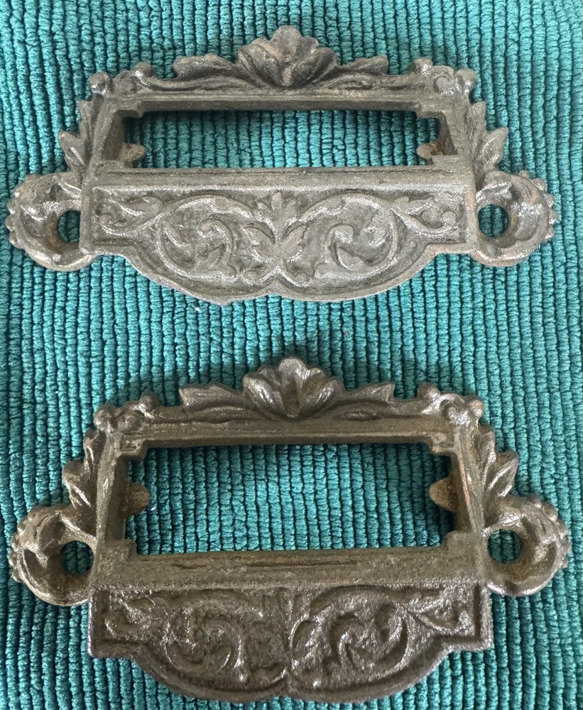 Antique Victorian Cast Iron Apothecary Drawer Bin Pull / Handle Label Vintage 10