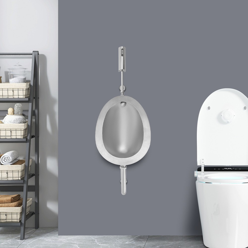 Oval Silver Stainless Steel Wall-Mounted Urinal with Automatic Sensing