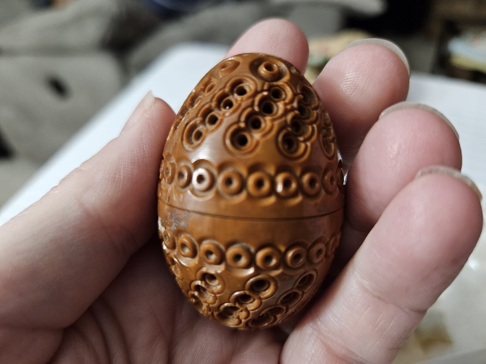 Old SEWING Needle, Thimble, Pin Holder EGG SHAPE CARVED