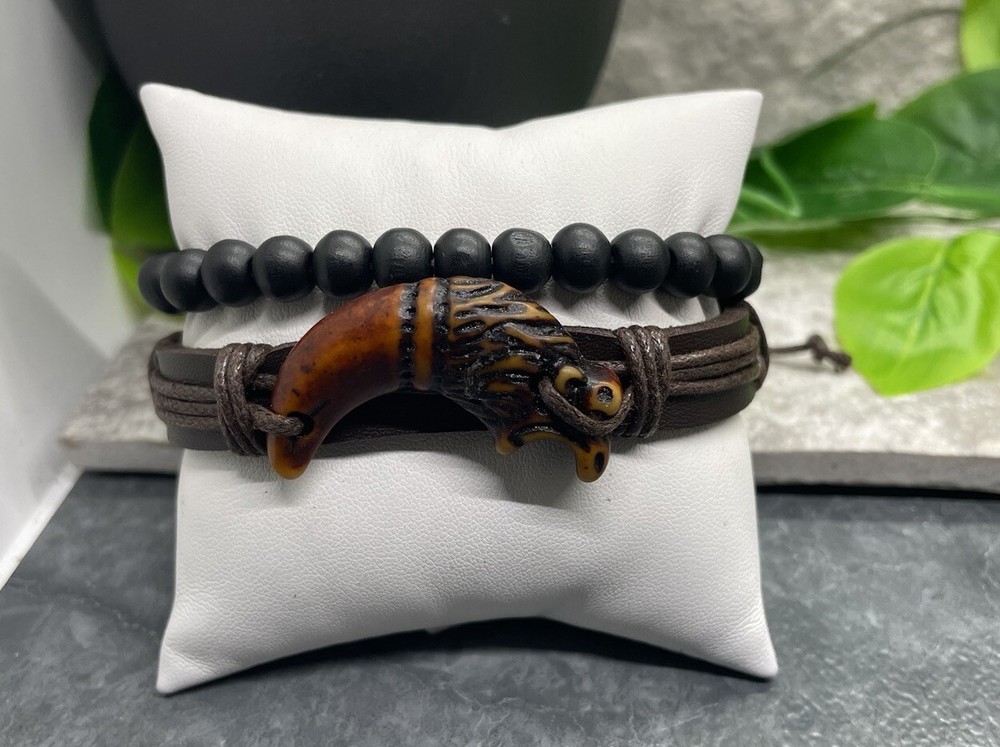 2 PC Leather Bracelet Wood Bead Stackable Adjustable Tie Free Ship B2903