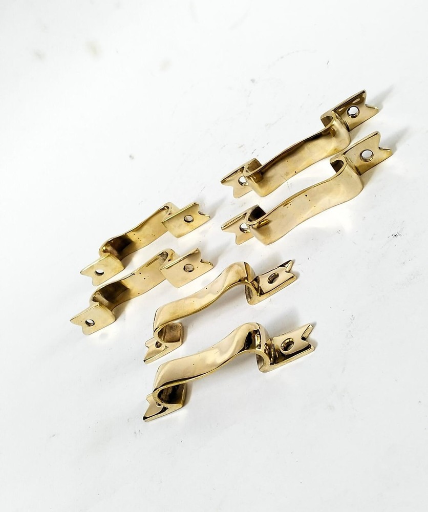 6 PULLS 4" handle heavy ribbon solid heavy brass old style kitchen GRAB 10 cm