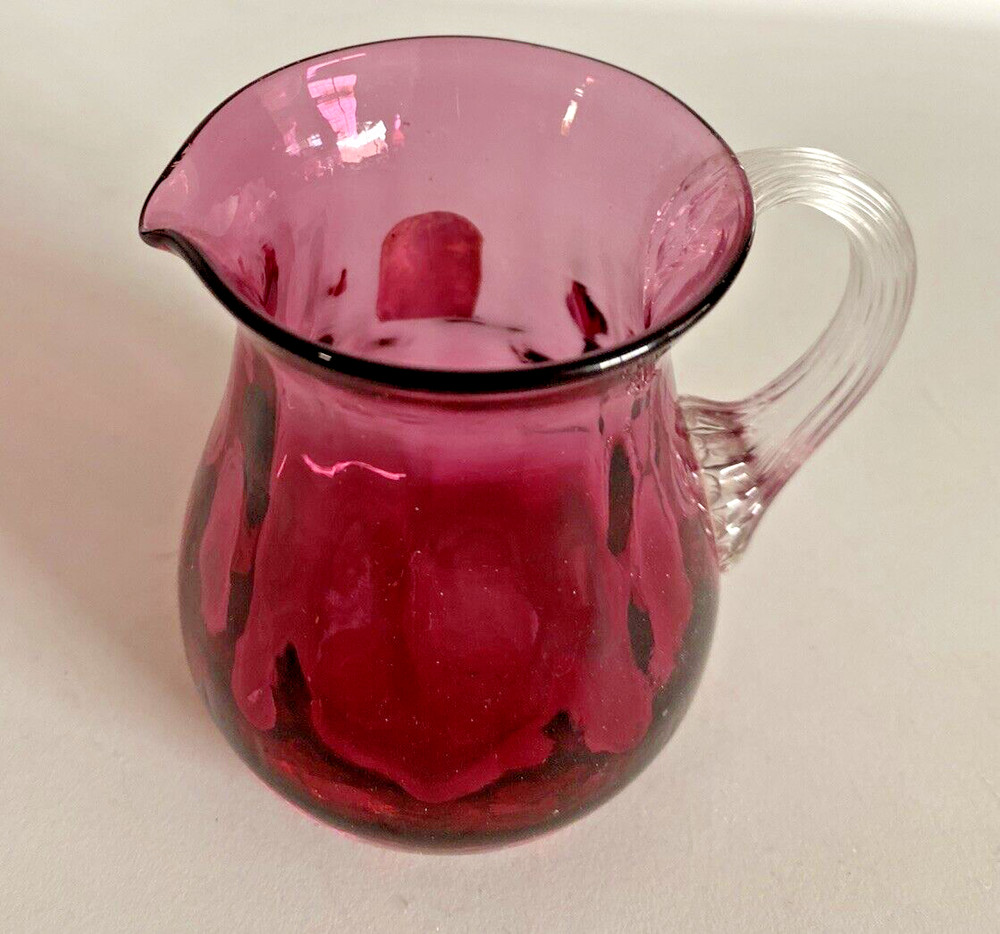 Pilgrim Glass ~ Cranberry ~  Mini Pitcher w/ Clear Applied Handle ~  3.5"