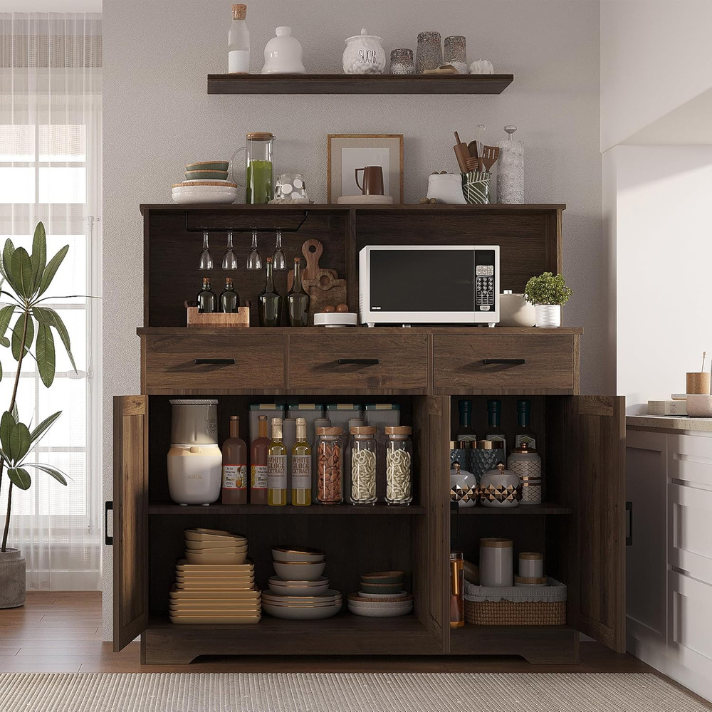 Rustic Buffet Cabinet with Microwave Stand, Barn Doors & Storage Shelves, Brown