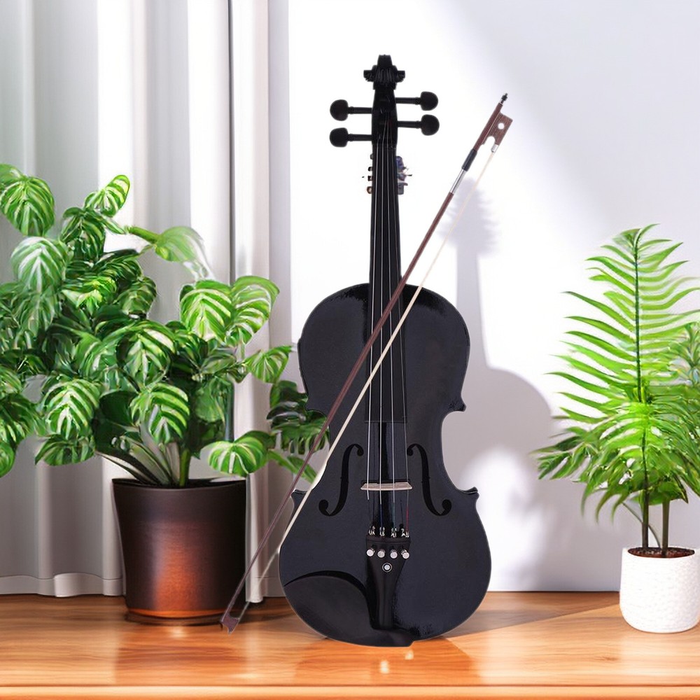Black 4/4 Full Size Solid Wood Violin Set w/ EQ, Shoulder Rest, Electronic Tuner