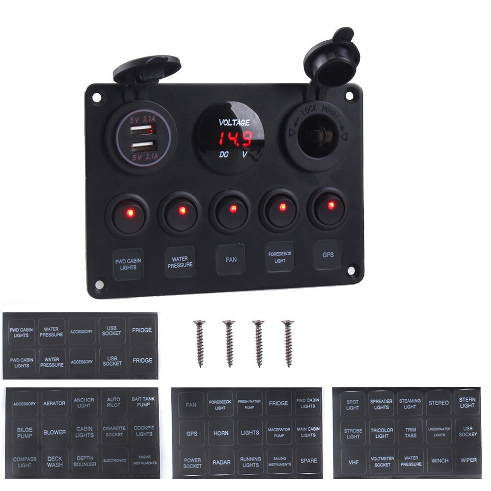Digital Voltmeter Dual USB Port 12V Waterproof LED Toggle Rocker Switch Panel