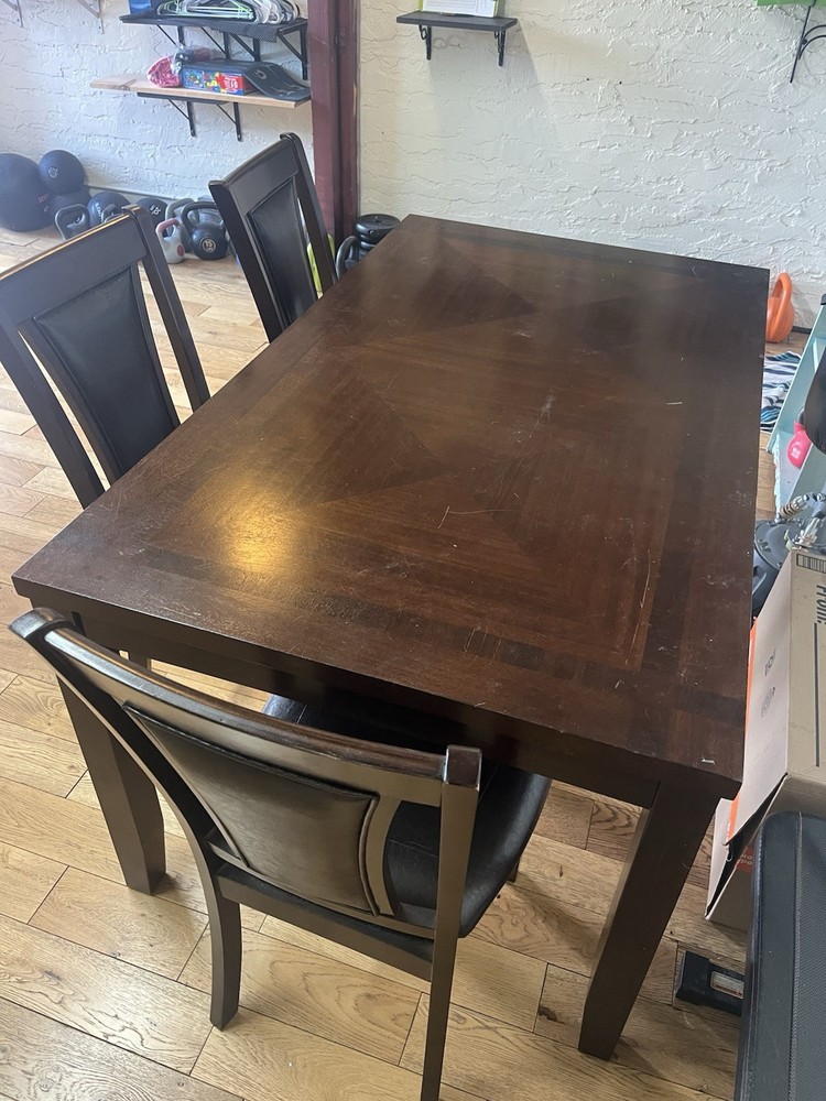 Dark Brown Rectangular Wood Dining Table Set with 4 Faux Leather Chairs