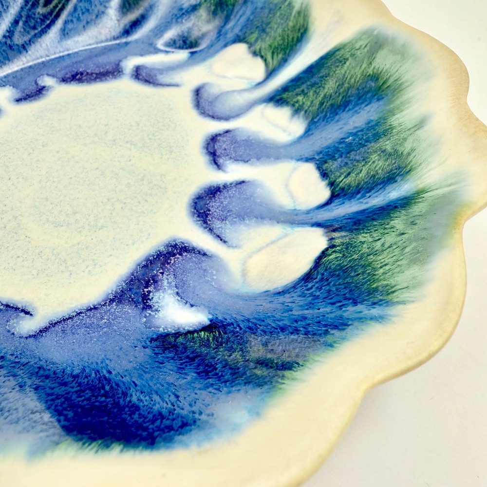 Studio Pottery Shell Dish – Signed SRP, Blue Green Drip Glaze, Handmade Ceramic
