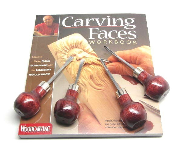 Enlow Carving Faces Workbook & 4pc Woodcarving Tool Set Customized for Ramelson