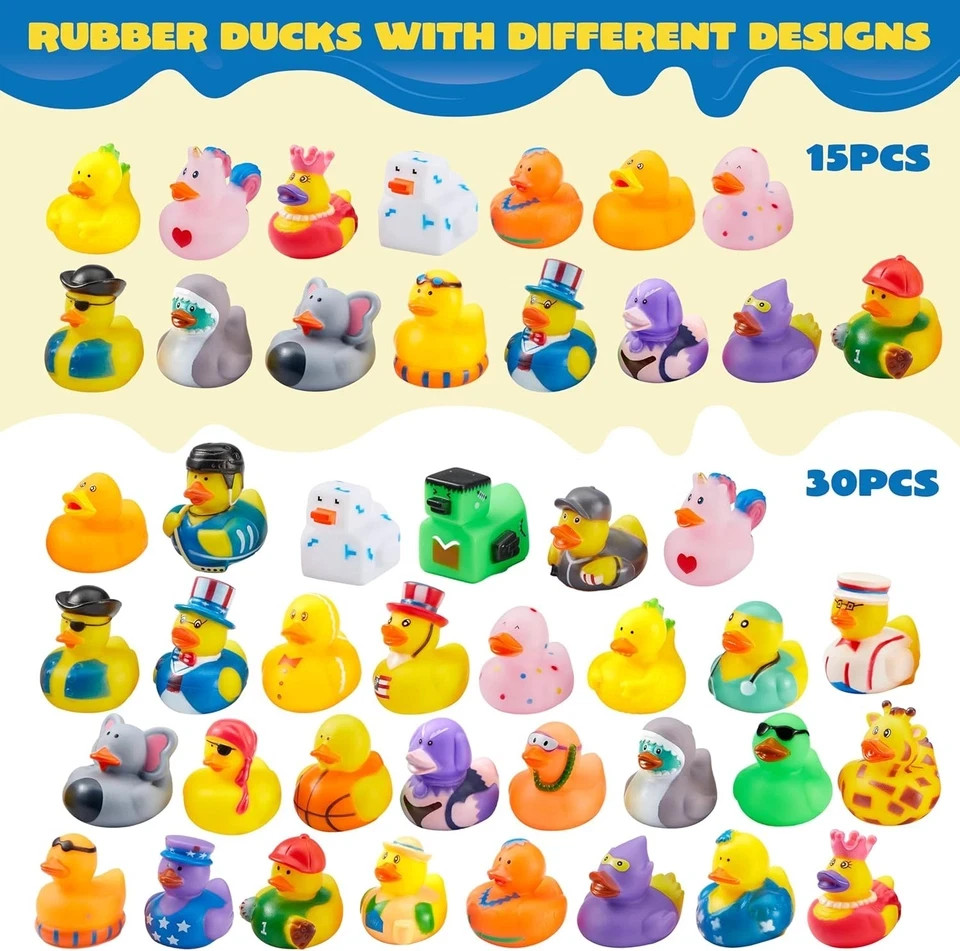 15 Pcs Rubber Ducks, Random Assortment Ducks Bulk with Mesh Carry Bag, Mini Rubb