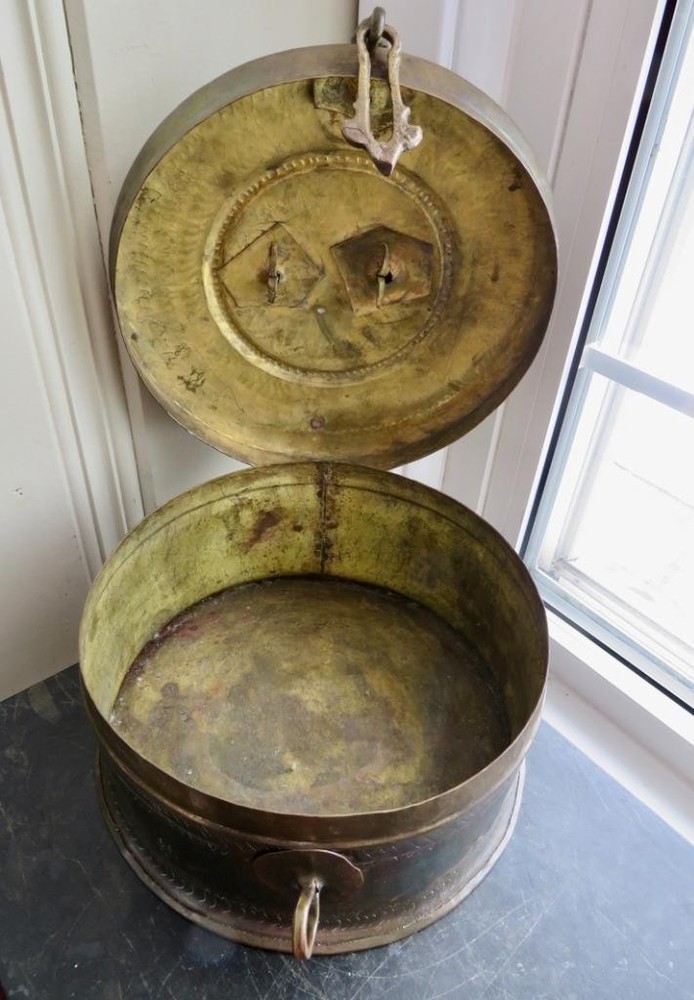 Antique Indian Solid Brass Handcrafted Embossed Chapati Box 9"dia x 4"H