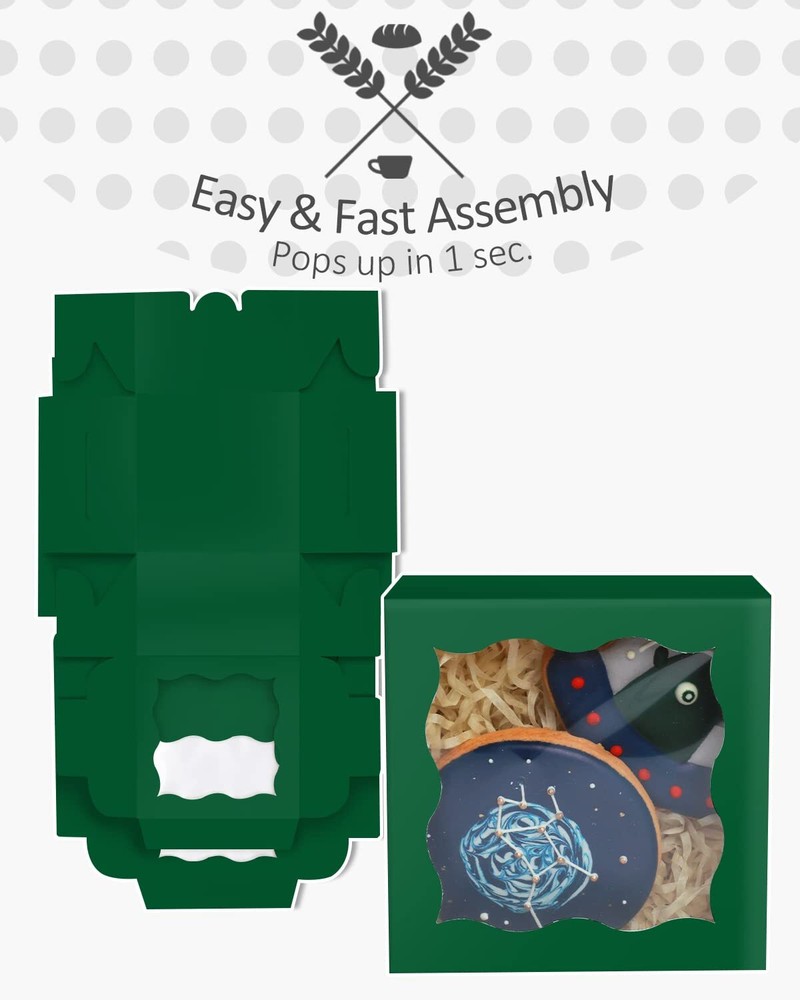 Deep Green Bakery Boxes with Window 55pcs 4x4x2.5" Mini Cookie Macaron Boxes