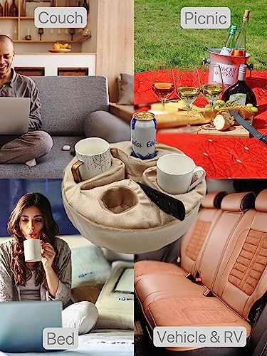 Couch and Bed Cup Holder Pillow, Sofa Organizer Caddy for Drinks, Beige