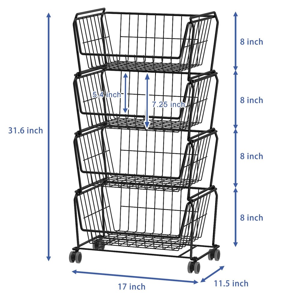 4-Tier Spacious Stackable Wire Storage Baskets with Wheels, Metal Rolling Uti...