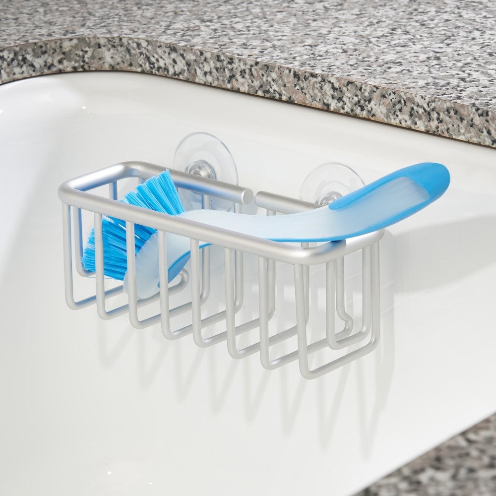 iDesign Metro Rustproof Aluminum Suction Sponge Holder for Kitchen Silver