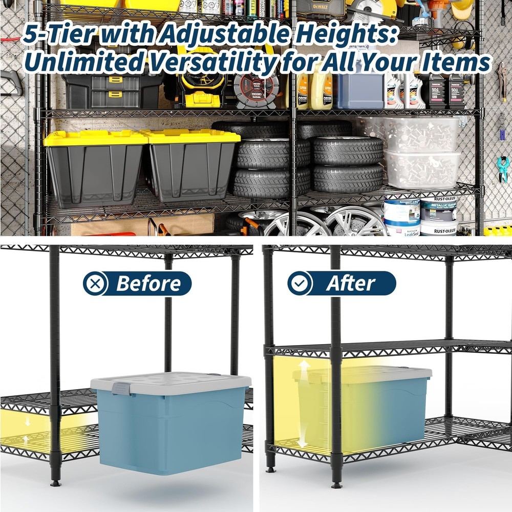 Storage Shelving Unit , 5-Tier Garage Storage Rack ,Adjustable Metal Wire Rack