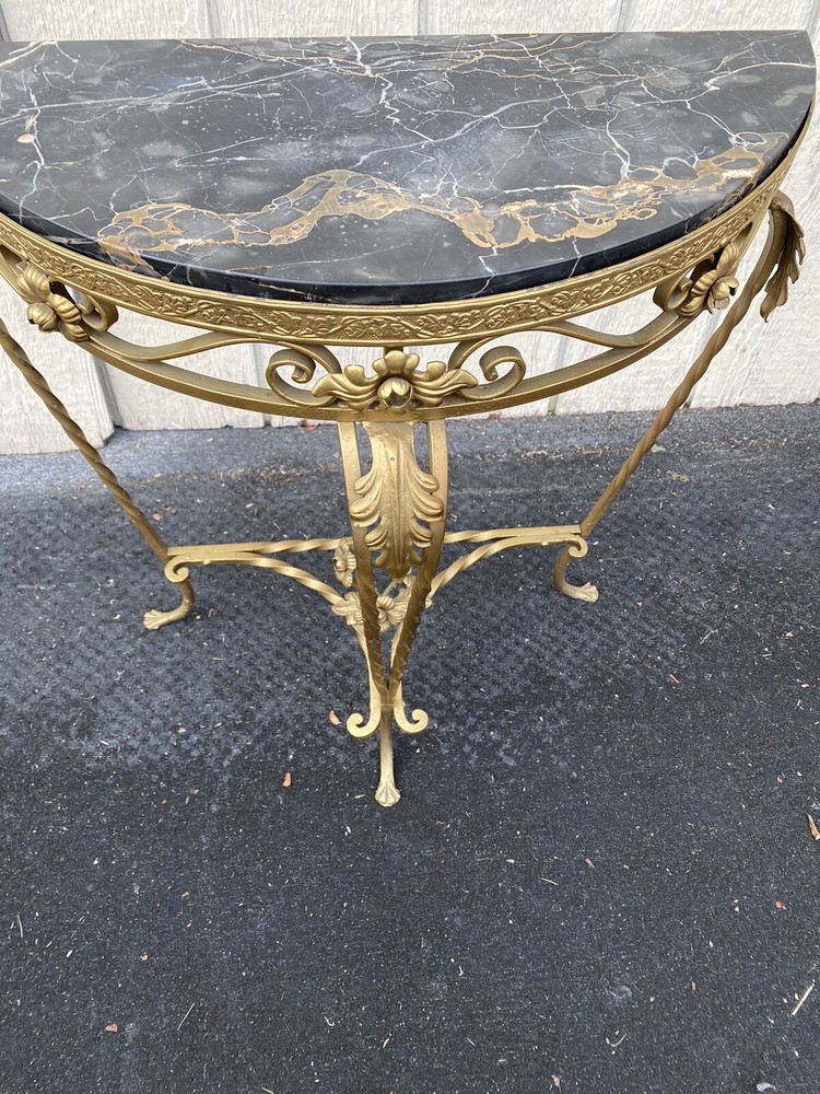 65634 Marble Top Decorator Iron Demilune Console Table Stand