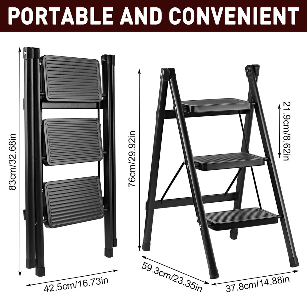 3-Step Ladder, Folding Step Stool for Kitchen/Closet/Garage, Sturdy & Lightwe...