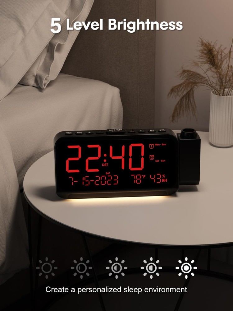 ROCAM Projection Clock for Bedroom, Digital Clock with 180° Projector on Ce