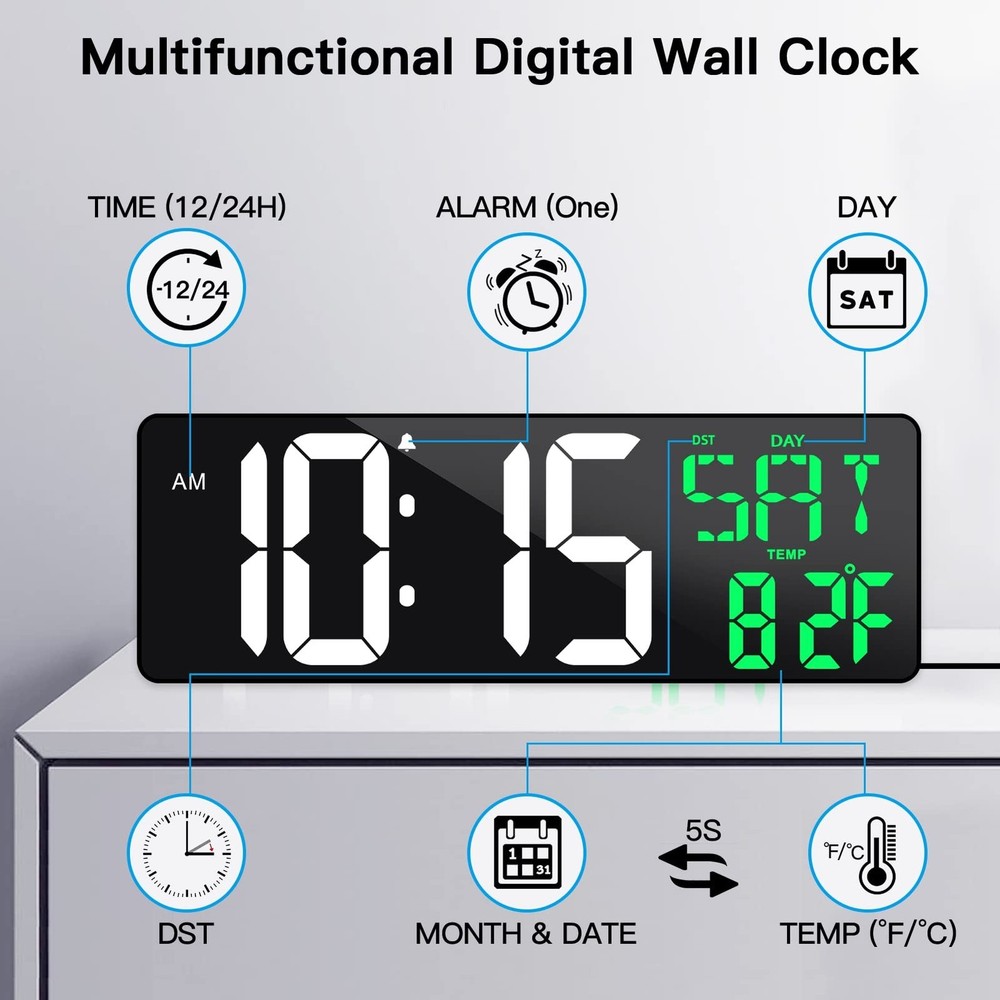 17 Inch Large Digital Wall Clock with Remote Control, Automatic Brightness Di...