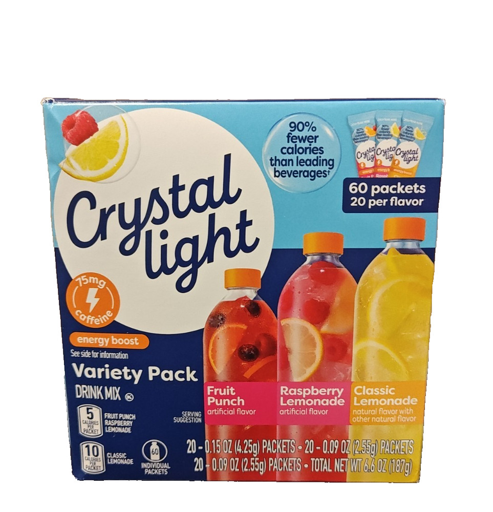 60 PK Crystal Light Variety Pack Fruit Punch Raspberry Lemonade Classic Lemonade
