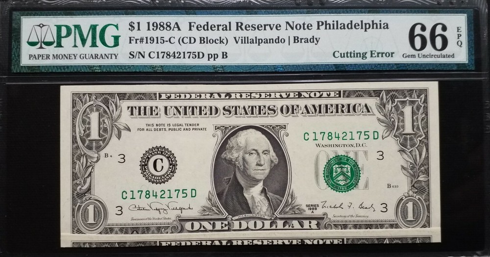 1988A $1 FRN 《 Unusual Cutting Error w/ Gutterfold》PMG 66 EPQ