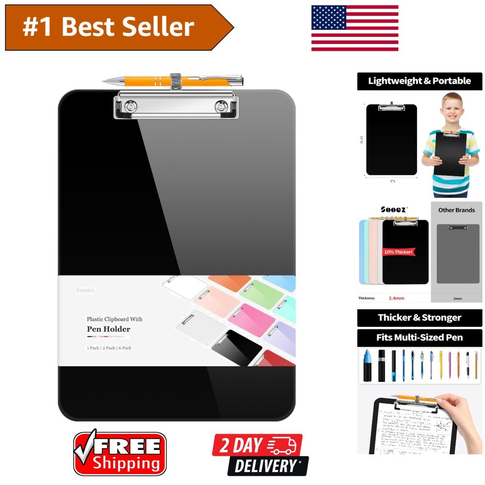 Smooth Writing Surface Clipboard, Strong Plastic with 100 Sheet Capacity - Black