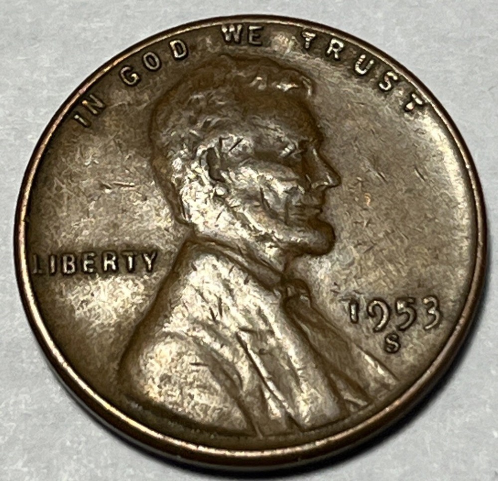 1953 S Lincoln Wheat Cent Date Error Filled "5" Die Chip Mint Error