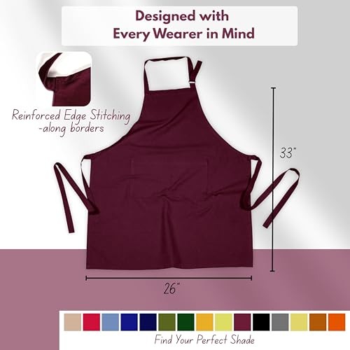 Kitchen Apron 2 Pack - 100% Cotton Adjustable, Durable Apron Burgundy Wine