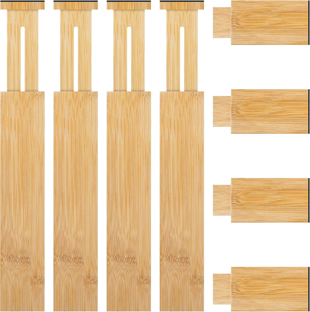 4 Pack Bamboo Kitchen Drawer Dividers with Inserts 2.6" High, Adjustable from 12