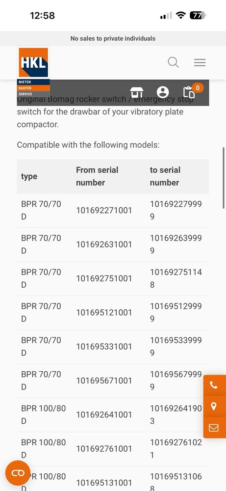 Bomag Rocker Switch / Emergency Stop Switch BOM69110314