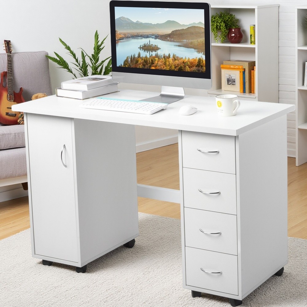 Rolling Computer Desk - White, 4-Drawer, 2 Shelves Storage & MDF ​Nail Table​