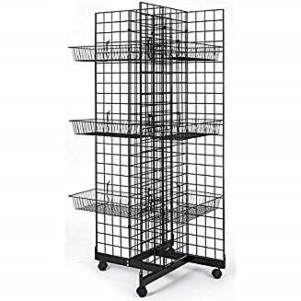 Only Hangers 4 Way Gridwall Display w/ Casters & 12 Baskets- Black