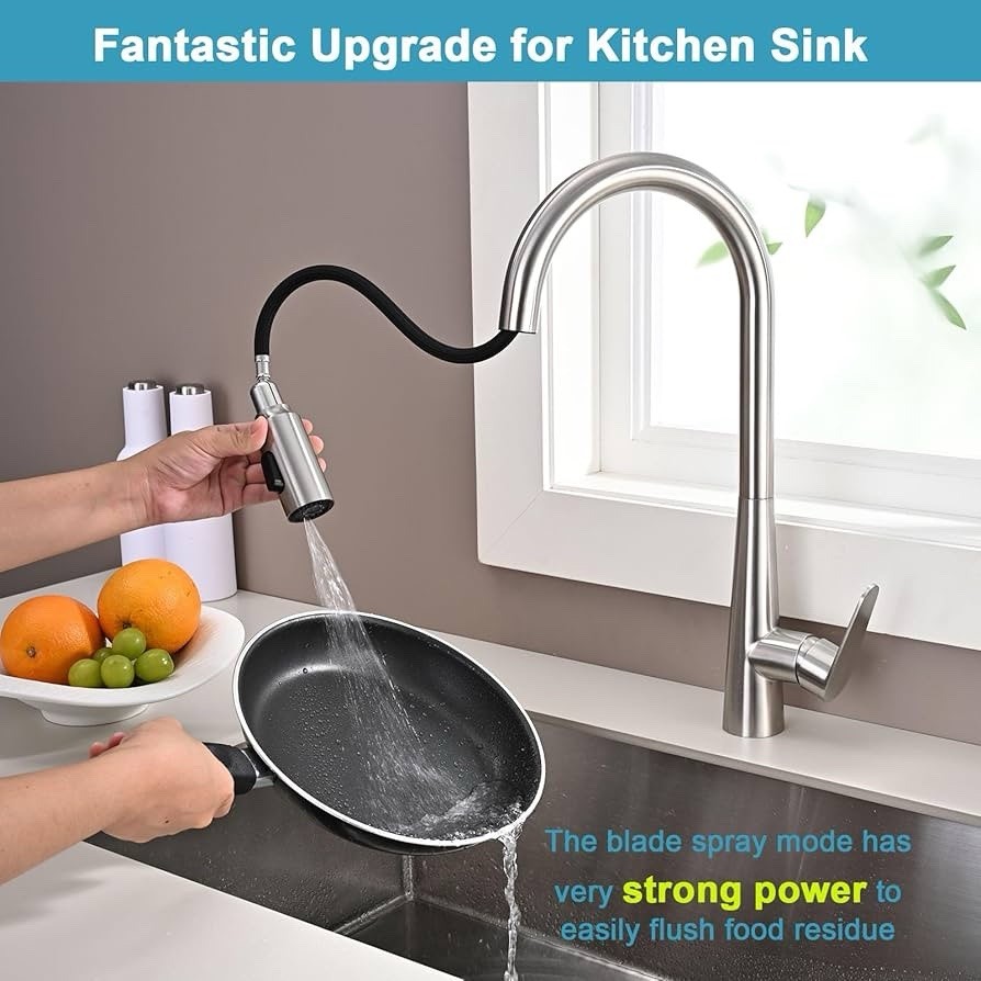 (LUH) Metal Kitchen Faucet Spray Head 3-Function Pull Down Brushed Nickel