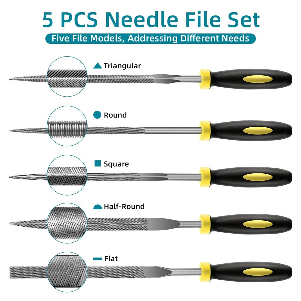 5 Pcs Metal Needle File Set Hardened Alloy Steel Round Flat Square Triangular