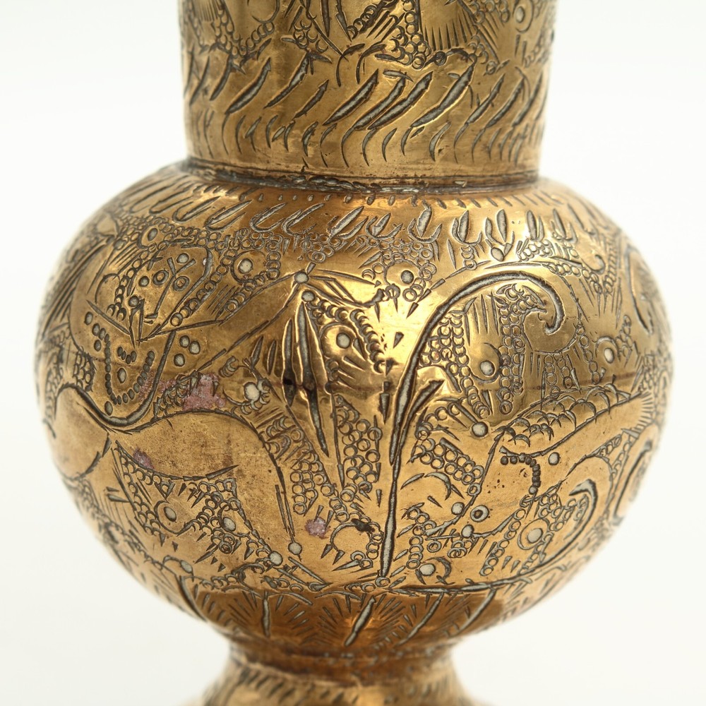 Indian Brass Vase Etched Decorations Bulbous Shape