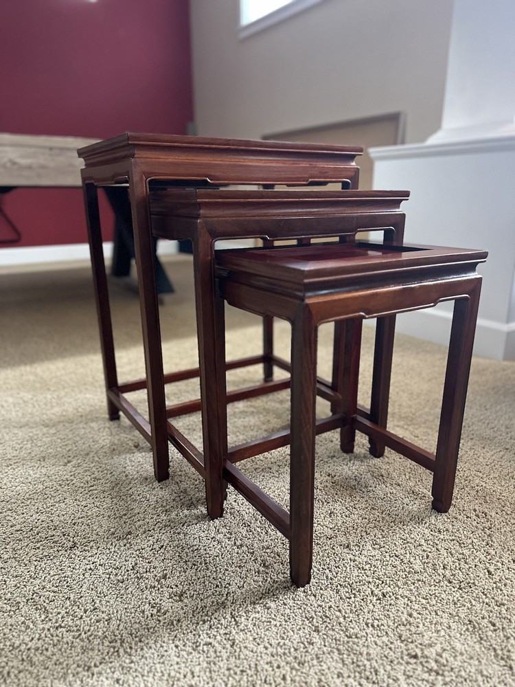 Vtg Asian Chinese Set of 3 Nesting Nested Side Tables Solid Rosewood EUC