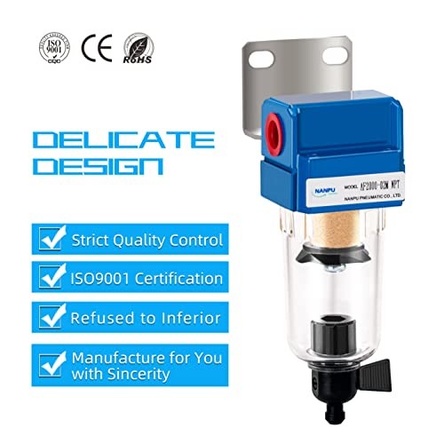 1/4" NPT Compressed Air Line Filter, 5 Micron Brass Element, Manual Drain,