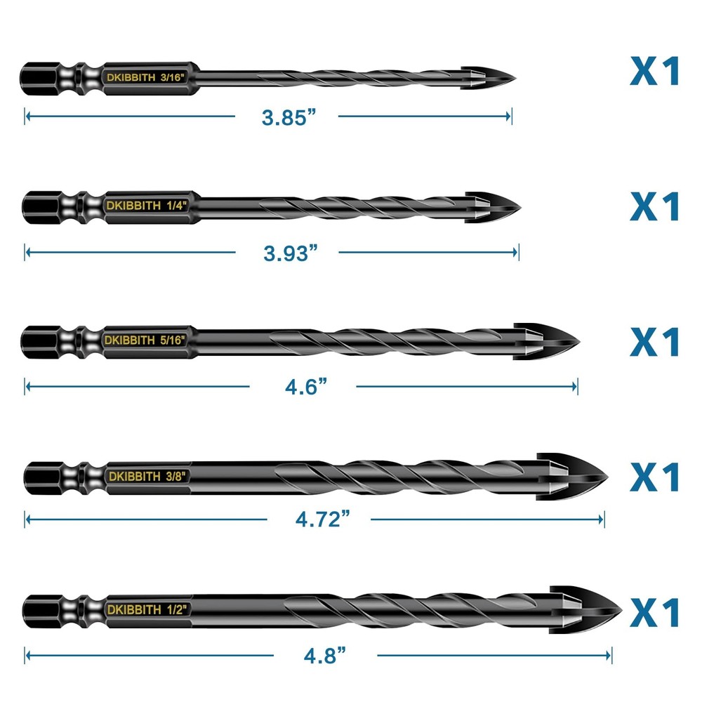5 Pcs Masonry Concrete Drill Bit Set for 5 Pack Multiple Sizes (3/16"-1/2")