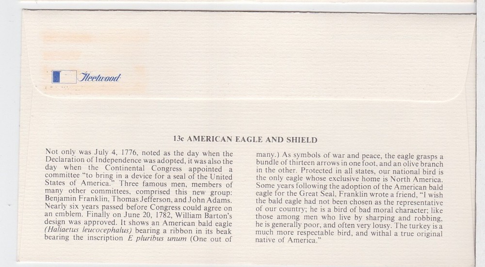 TurtlesTradingPost- Eagle & Shield Definitive -1975 #1596 Fleetwood Cachet FDC