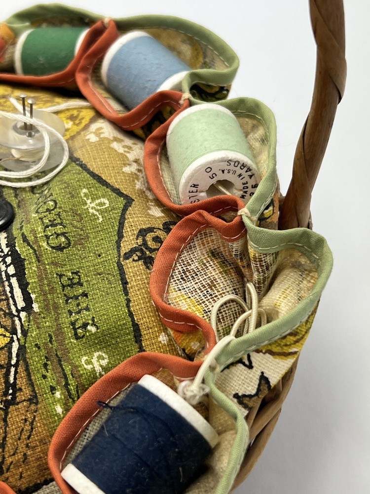 Vtg Sewing Small Basket With Handle Pin Cushion , thread, needles
