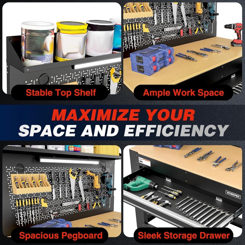 WORKPRO 45" Heavy-Duty Workbench with Pegboard Garage Workbench w/Storage 800LBS