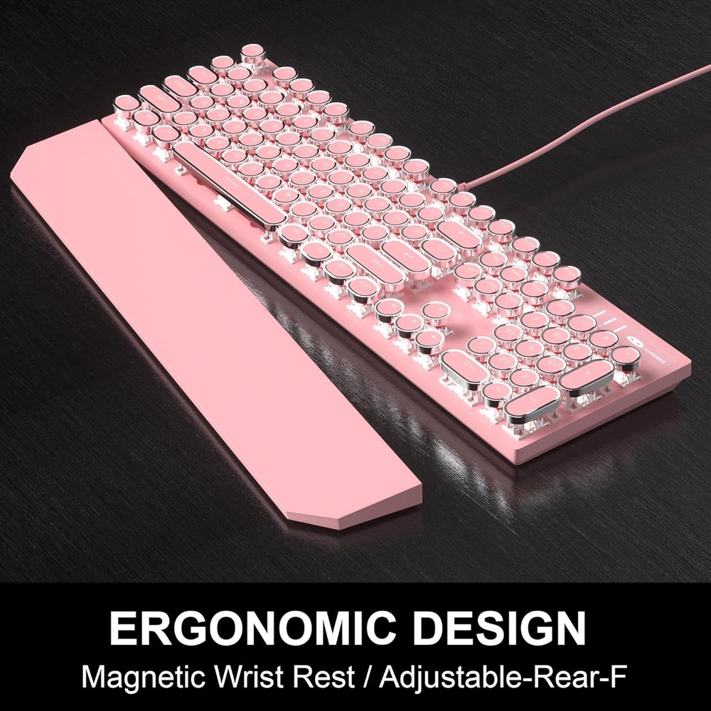 Retro Pink Typewriter-Style Keyboard and Mouse Combo, Cute Light Up Wired Mec...
